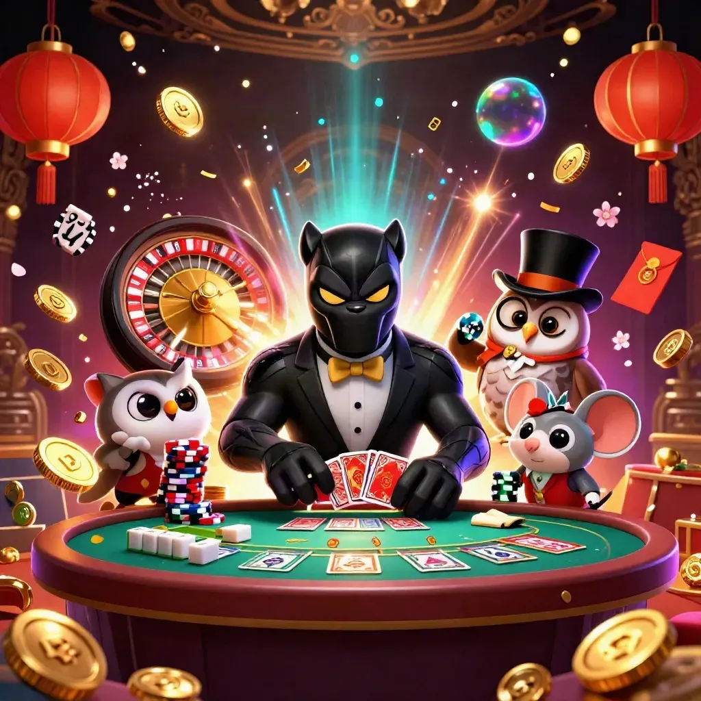 Panther, owl and mouse amid coins, lanterns, roulette, fireworks, vault blast