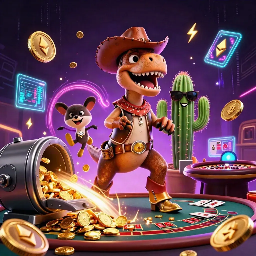 Cowboy T-Rex, cactus, and roadrunner amid neon coins, casino cards, and fireworks.
