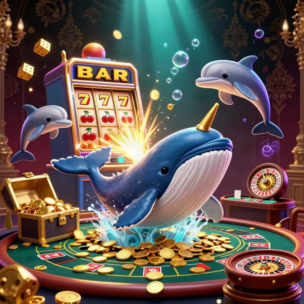 Whale captain, narwhal and dolphins amid bursting coins, slots, dice and treasure on luxe dark background.