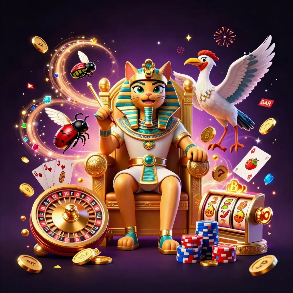 Pharaoh cat throne hero with ibis scribe, scarabs, coins, reels, chips, and casino magic.
