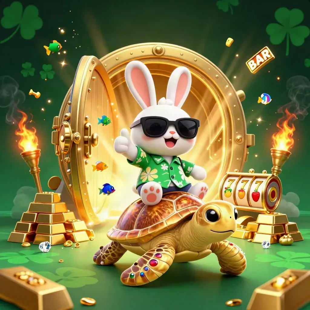 Lucky rabbit rides a gold sea turtle through treasure, reels, and glowing casino magic