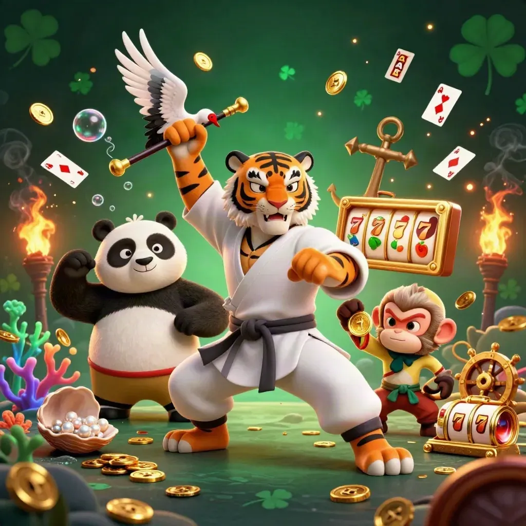 Tiger, panda, and monkey in a neon underwater casino splash scene, surrounded by coins, coral, and reels.
