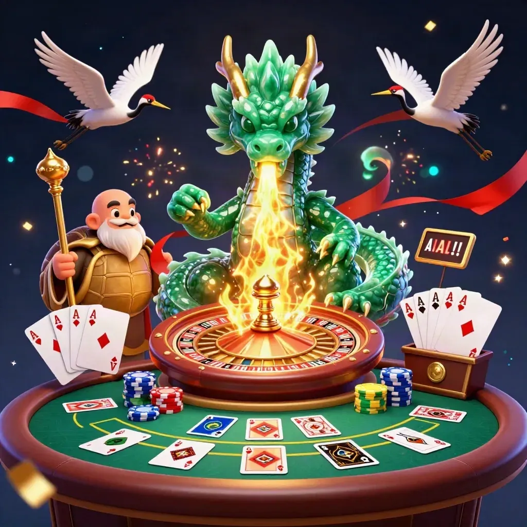 Emerald dragon, turtle sage, and cranes amid casino cards, chips, roulette, gold sparks.