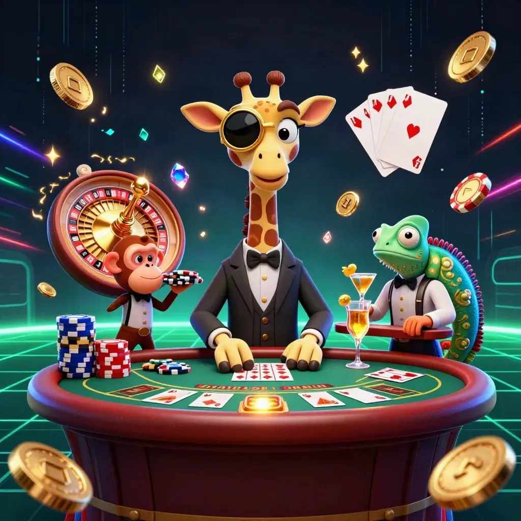 Giraffe, monkey and chameleon casino mascots amid coins, chips and a spinning roulette wheel.