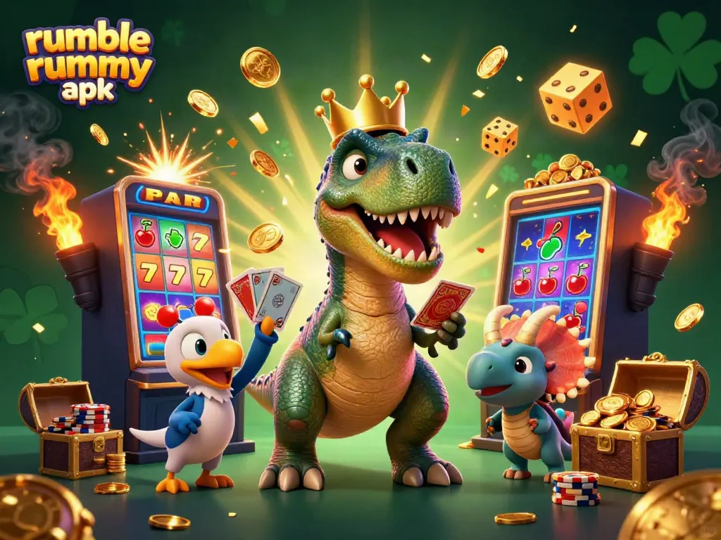 Experience Rumble Rummy APK with 3D characters showcasing casino excitement and vibrant game elements.