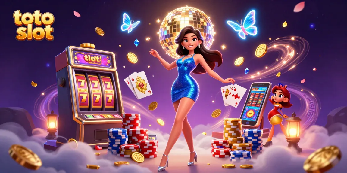 Experience exciting games at toto slot with dynamic scenes of vibrant slot reels, coins, and a glamorous dancer.