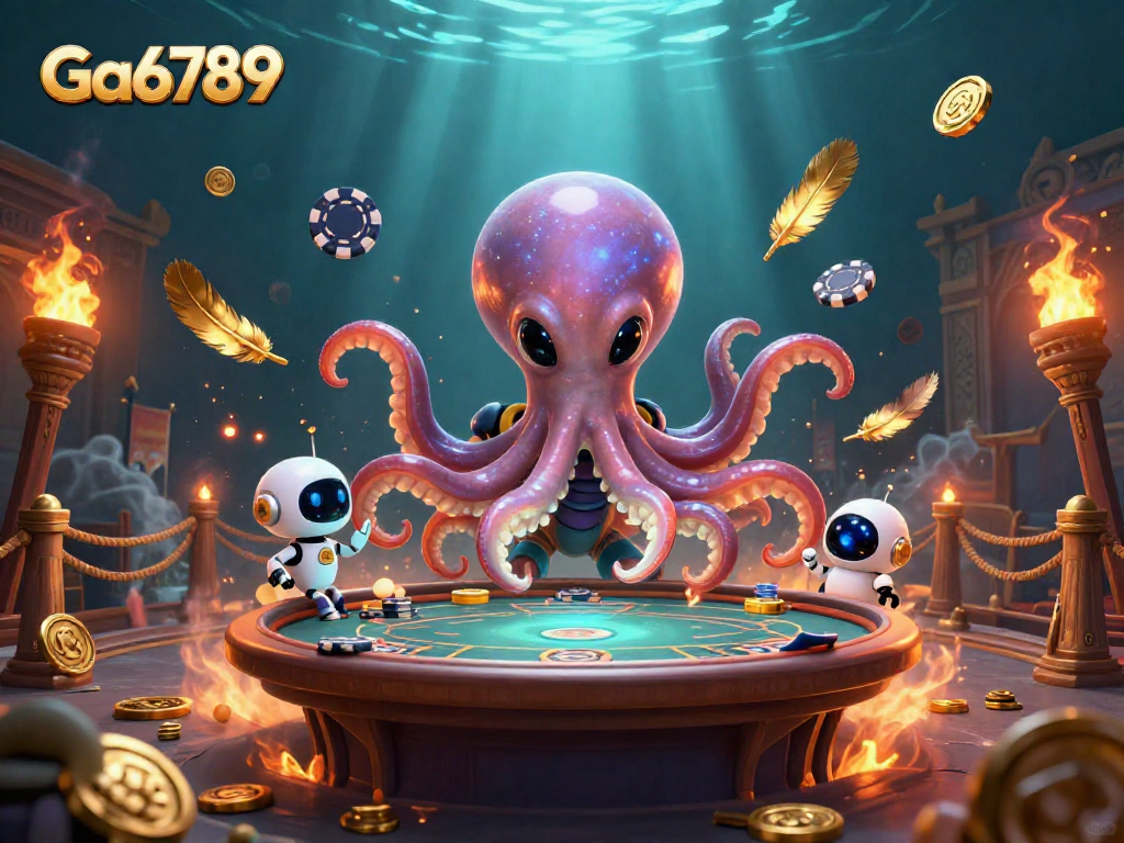 Ga6789 showcases an alien octopus playing holographic poker amid rich casino elements and dynamic effects.