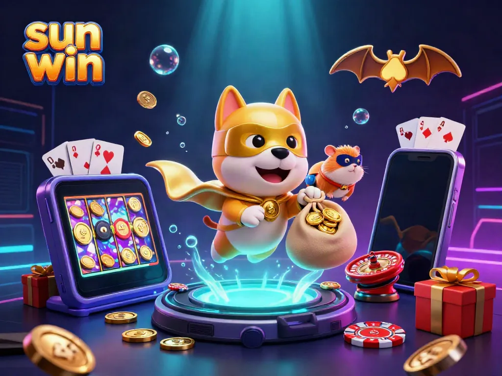 Join the excitement with sun win in this thrilling casino-themed 3D illustration featuring characters and gaming elements.