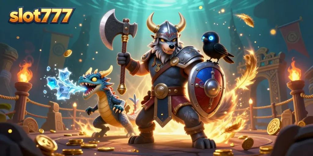 Experience excitement with slot777 as a Viking wolf warrior battles alongside a fierce dragon in a vibrant casino scene.