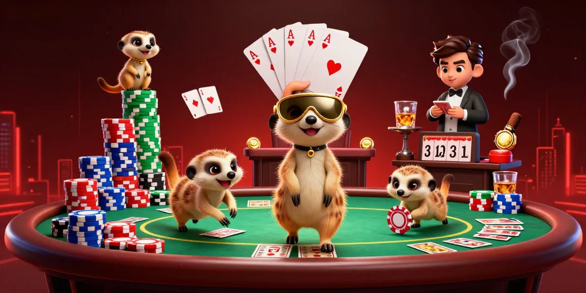 Hoki78 menampilkan koloni meerkat dalam operasi kasino dengan dealer dan chip yang menggiurkan.