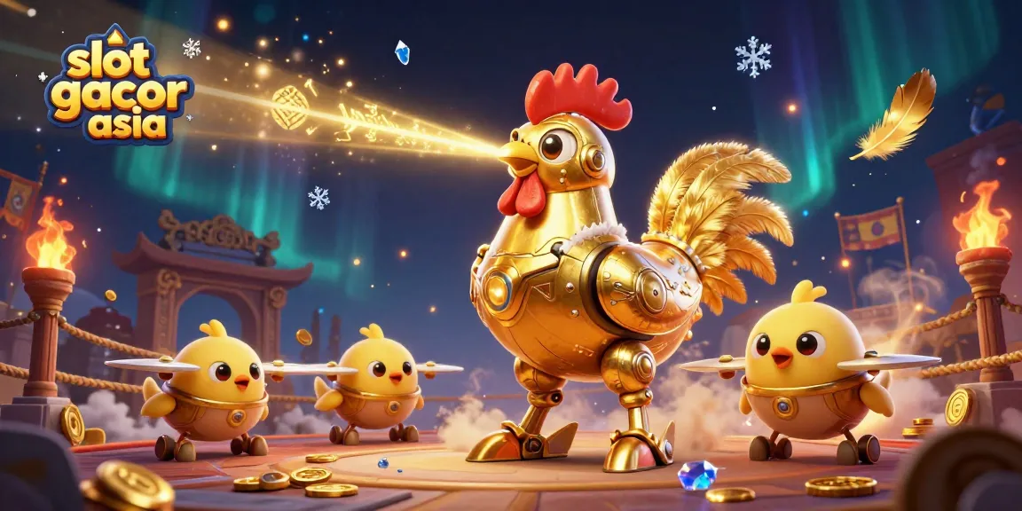 Rasakan keseruan slot gacor asia dengan robot ayam futuristik yang memancarkan cahaya emas dan dikelilingi oleh drone anak ayam.