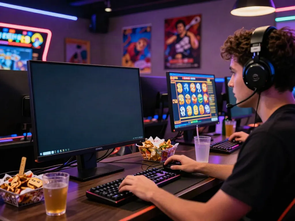 A player enjoying king999 online slot games in a vibrant gaming environment filled with neon lights and colorful graphics.