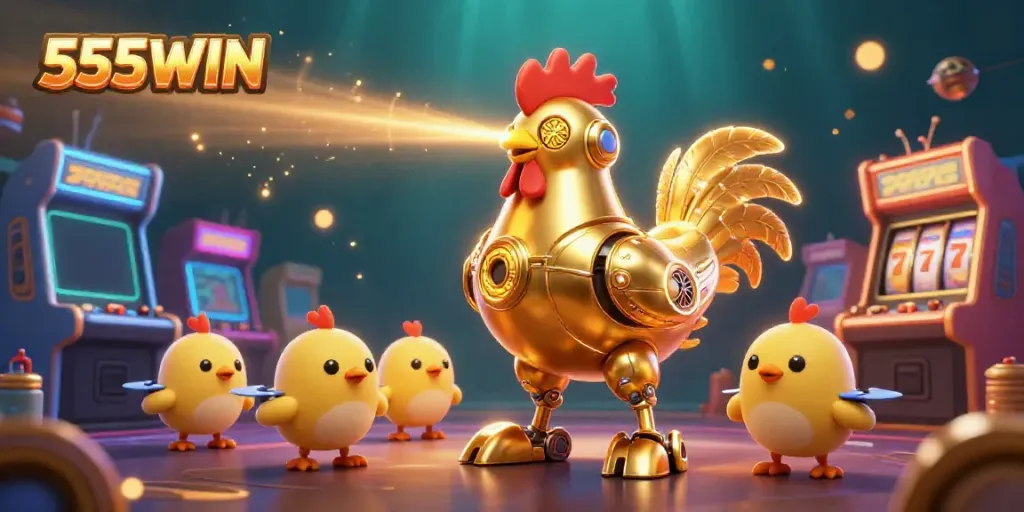 Engage with the exciting 555WIN casino world, featuring a golden rooster robot amidst vibrant arcade elements.