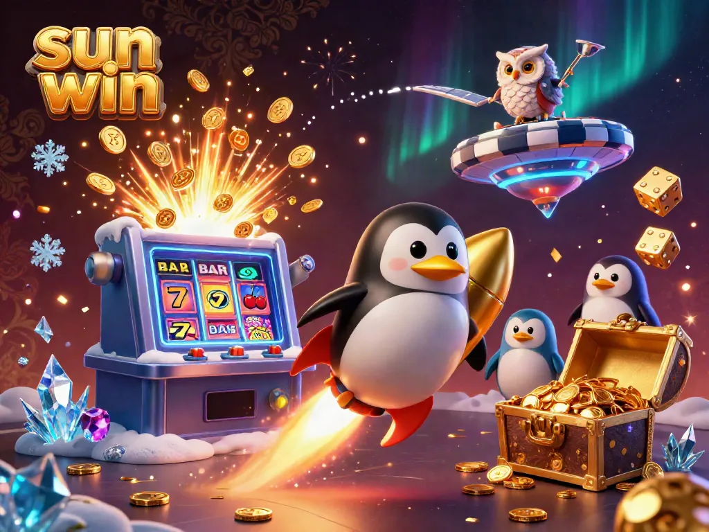 Experience the thrill of sun win with a dynamic 3D illustration of a golden penguin in space, surrounded by vibrant casino elements.