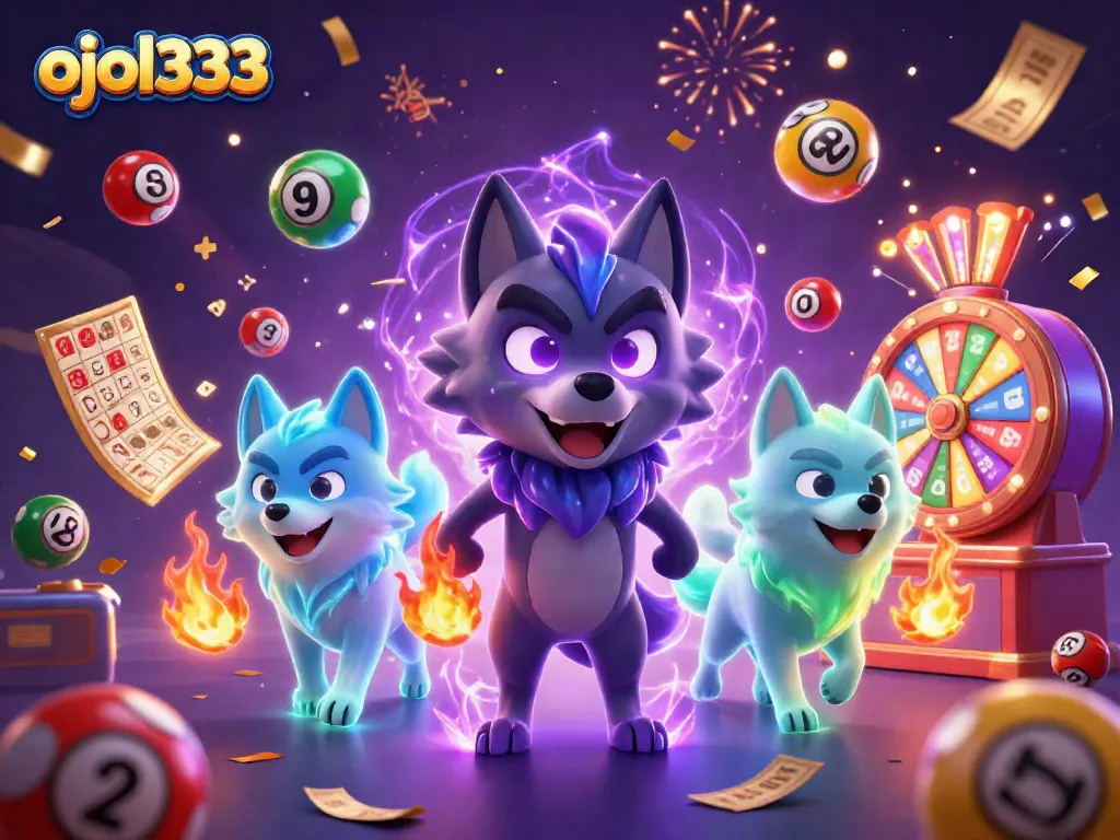 Join the excitement of ojol333 with vibrant lottery elements and shadowy wolves in this thrilling casino scene.