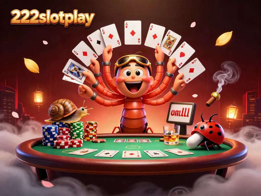 Menggambarkan 222slotplay dengan dealer milipede dan pemain bersaing dalam permainan kartu yang seru.