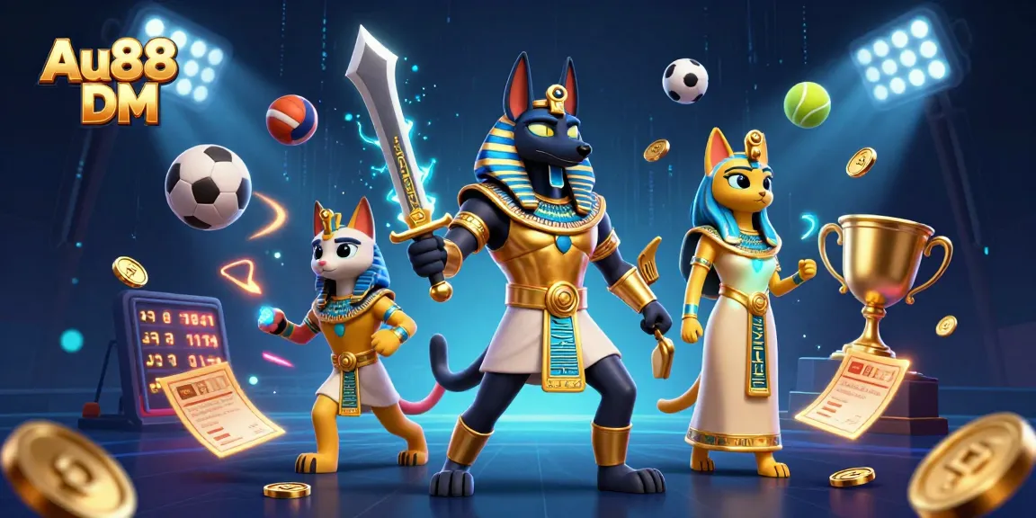Bet on Au88 DM with a dynamic 3D illustration of Anubis and sports elements.