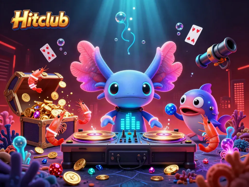 Spin to win at Hitclub with colorful casino characters and underwater treasures in a vibrant digital scene.