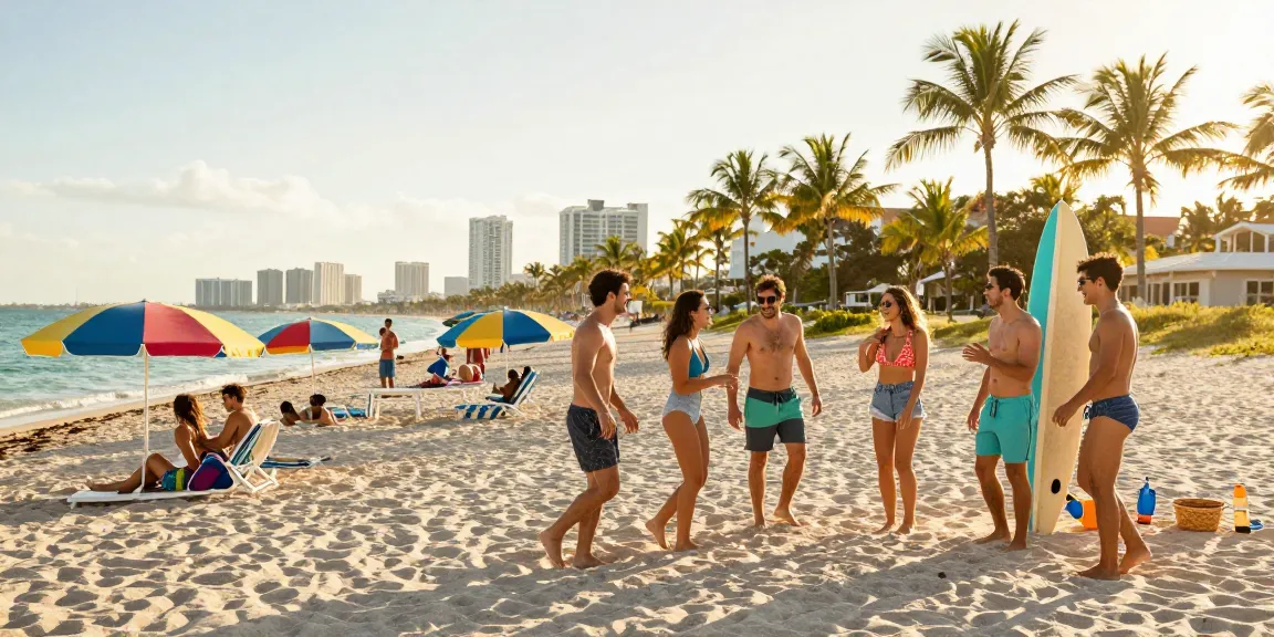 Geng bersenang-senang di pantai Miami, menikmati suasana cerah di https://miami4d.com/ dengan papan selancar dan payung berwarna-warni.