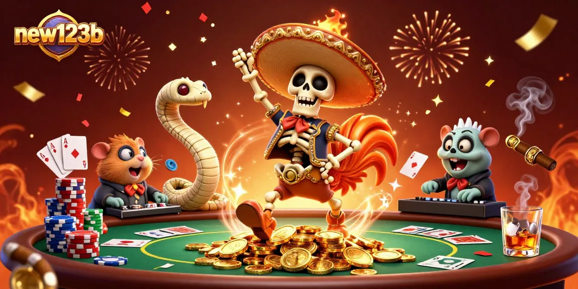 Experience new123b with a festive 3D casino scene featuring playful characters and rich gaming elements.