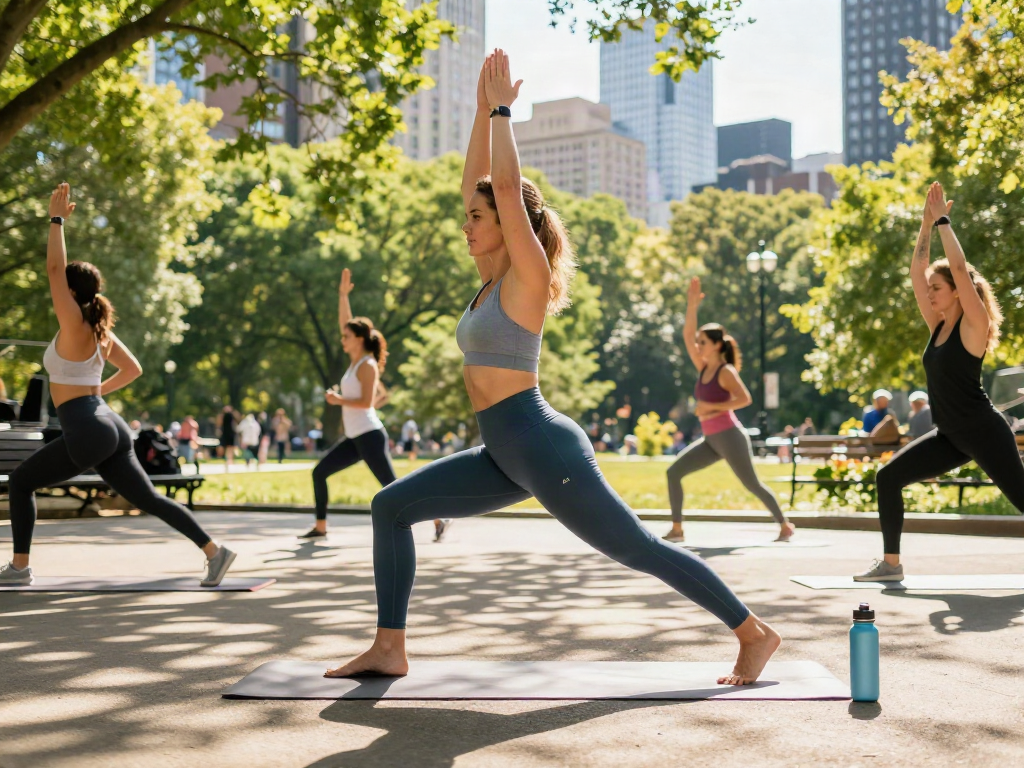 Athletic woman in ALO 8 leggings practicing yoga outdoors in a vibrant urban park setting.