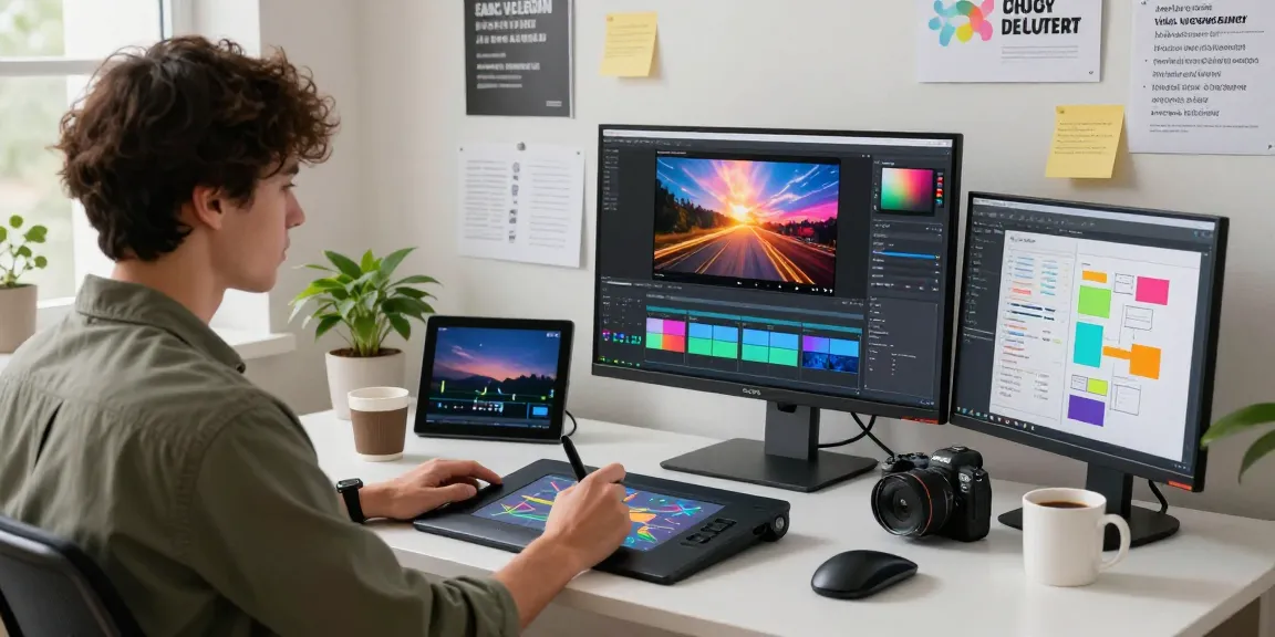 Content creator using AI video generator at modern desk with vibrant video editing software, showcasing creativity and technology.