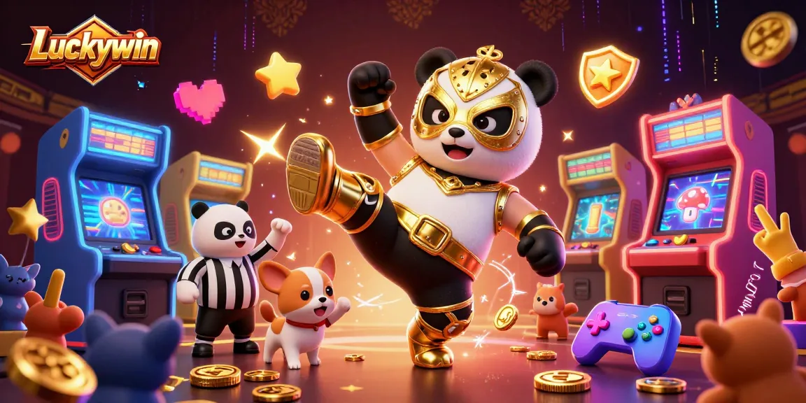 Experience thrilling gameplay with Luckywin as a panda wrestler and a referee in a vibrant casino scene.
