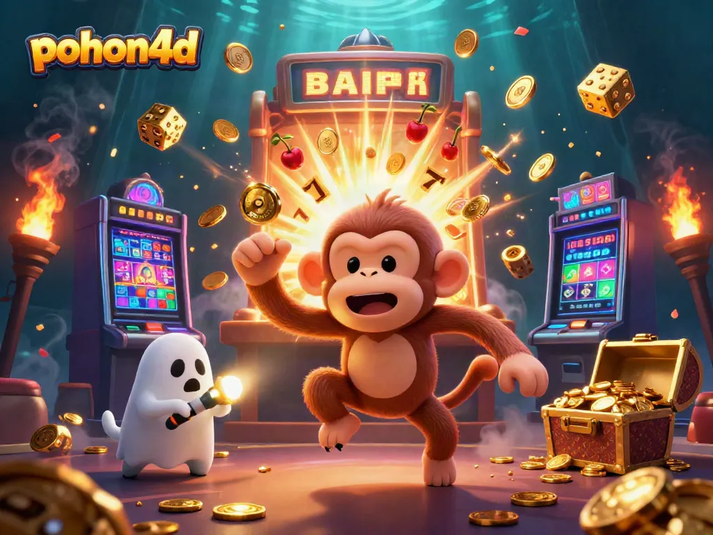 Pohon4d unleashes thrilling casino excitement with a mischievous monkey juggling games while a curious puppy tracks it.
