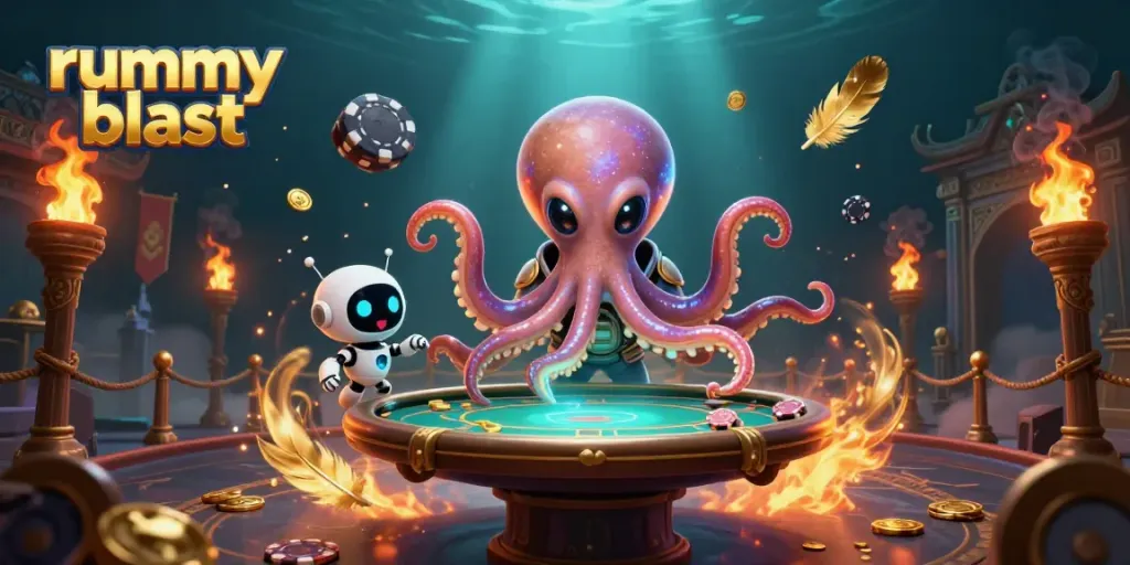 Join the fun in rummy blast with this thrilling 3D illustration featuring alien characters and vibrant gaming elements.