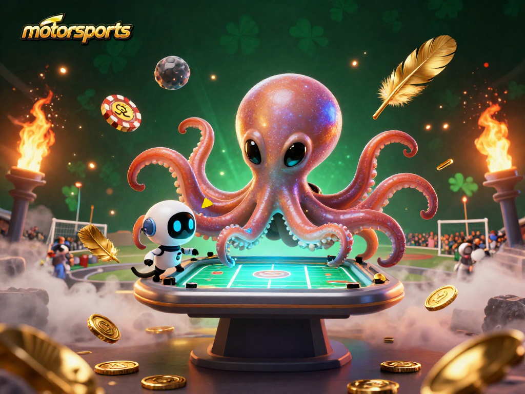 Engage in motorsports betting with a vibrant scene of an alien octopus at a holographic sports table.