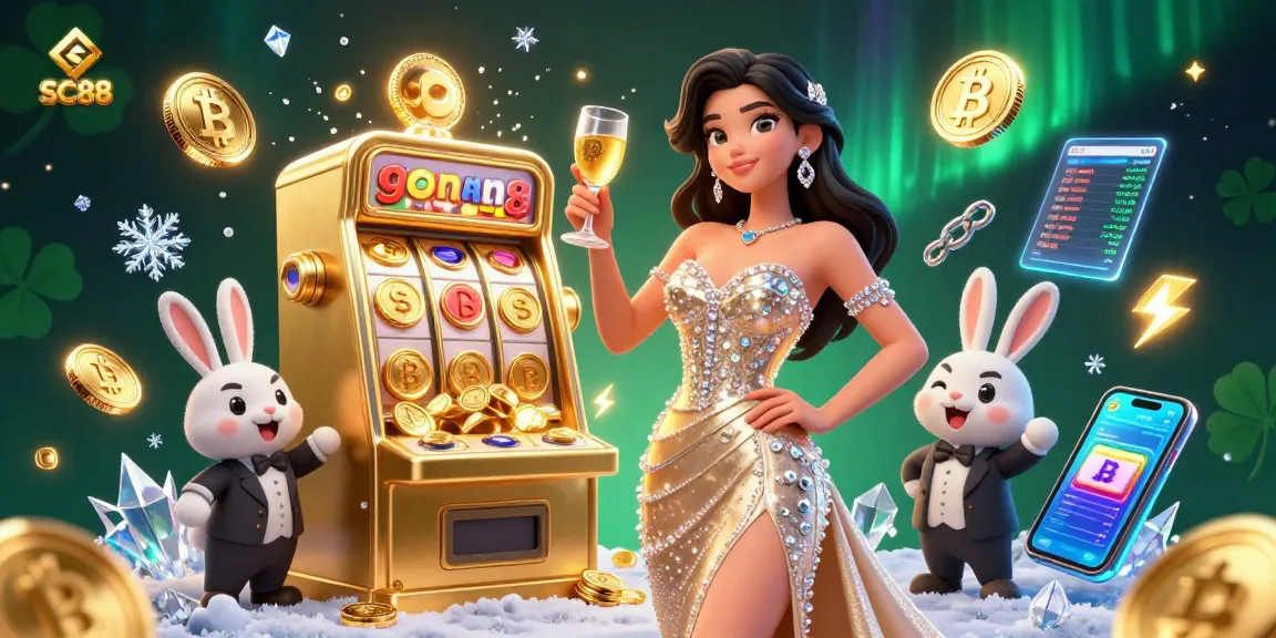 Experience the excitement of SC88's casino atmosphere with a stunning woman, golden slot machine, and vibrant crypto elements.