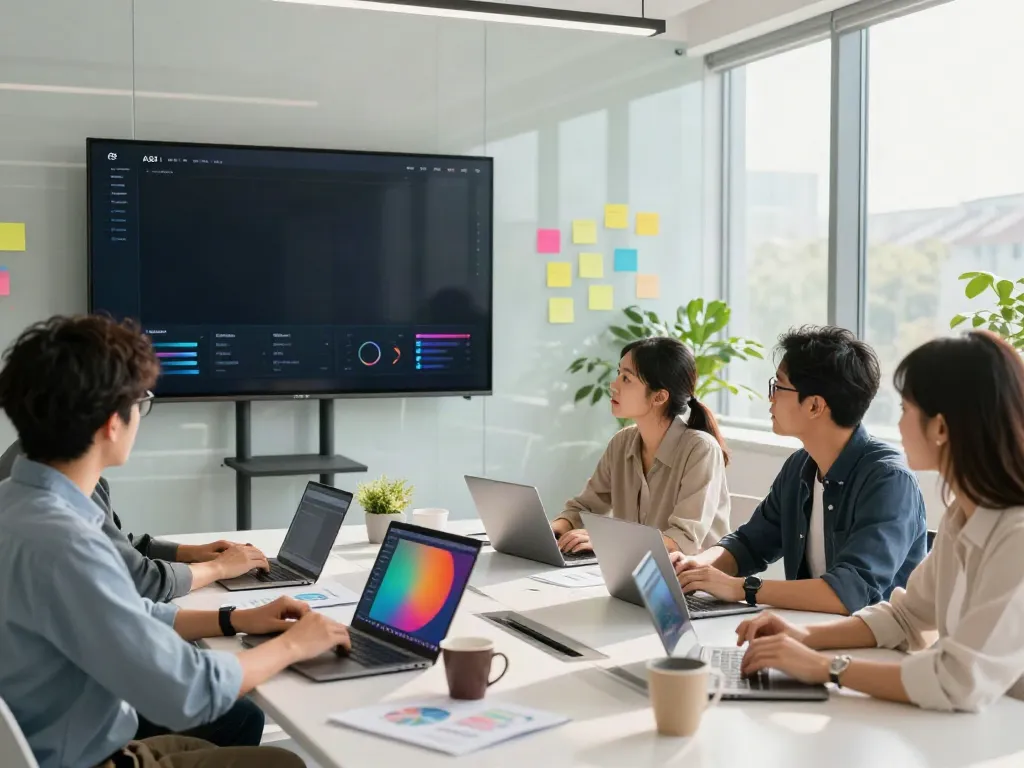 A team collaboration focused on the A80 information platform in a modern office.