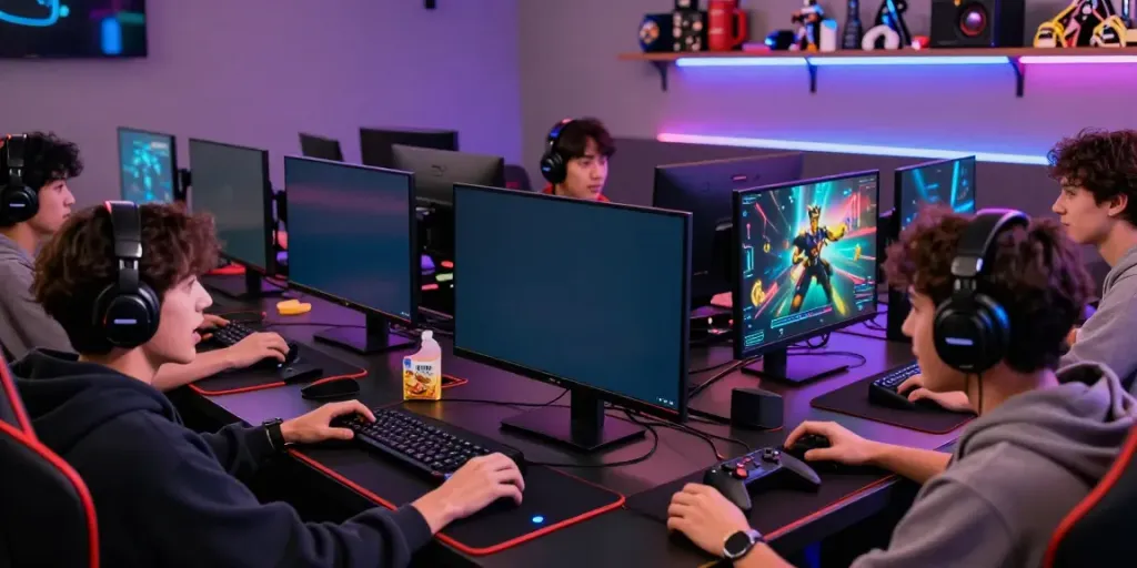 Engaged gamers enjoying unsurtoto in a vibrant gaming lounge with screens and collectibles.