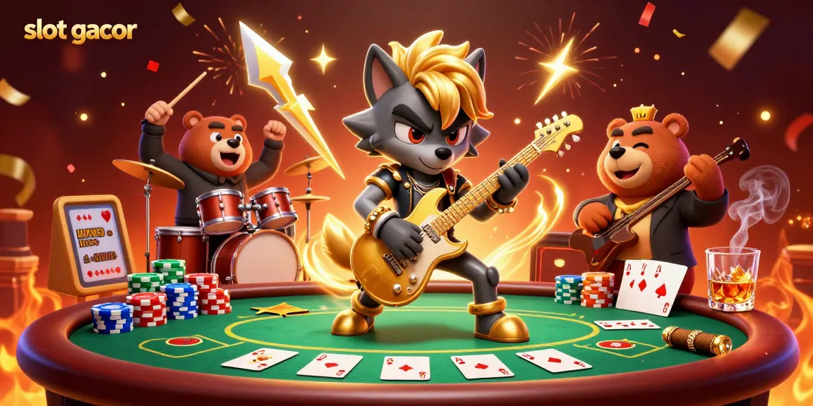 Experience excitement with slot gacor as a rock star wolf shreds guitar among poker champions.