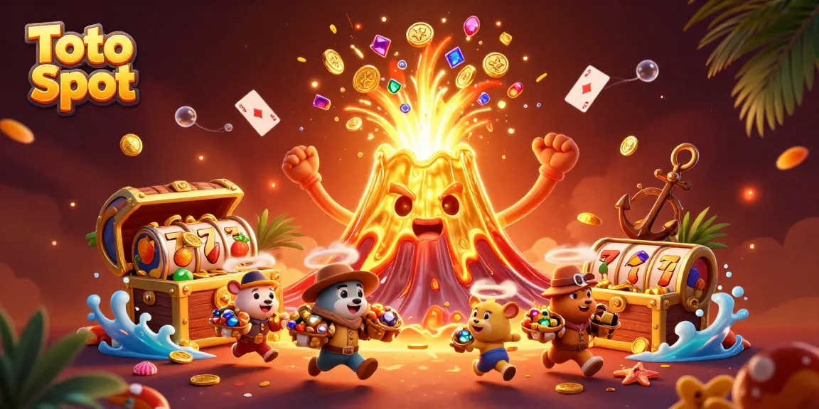 Engage in exciting Toto Slot gameplay with dynamic elements like golden volcanoes and treasure bursts.