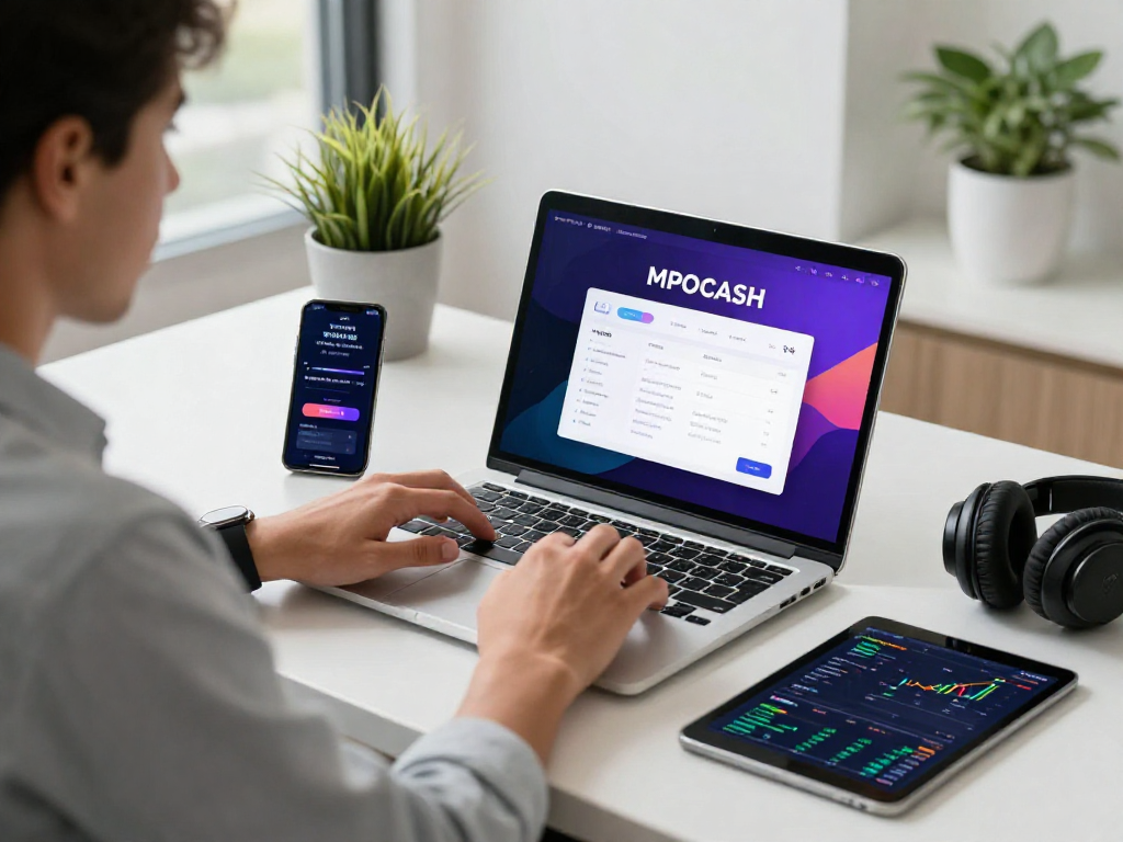 MPOCASH.blog showcasing a vibrant digital workspace with technology elements for seamless online transactions.