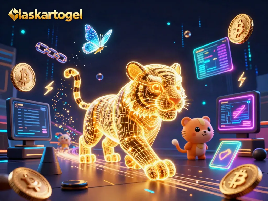 Engage with laskartogel's exciting digital casino landscape illuminated by neon lights and a golden tiger.