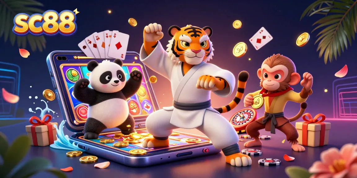 Spin to win with sc88 as a kung fu tiger teaches casino strategies amidst colorful gaming elements.