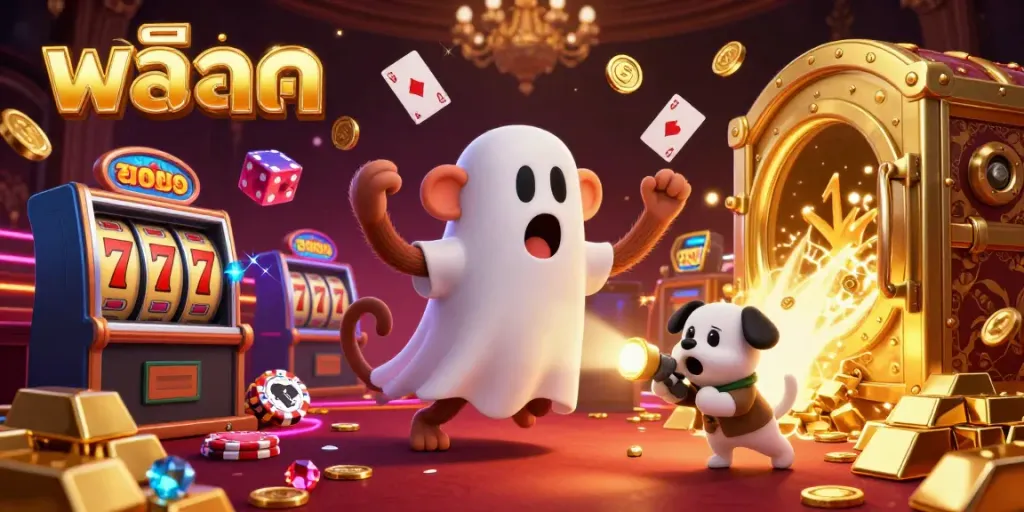 Engage in thrilling สล็อต gaming with a mischievous monkey and ghost-hunter puppy in a vibrant casino.