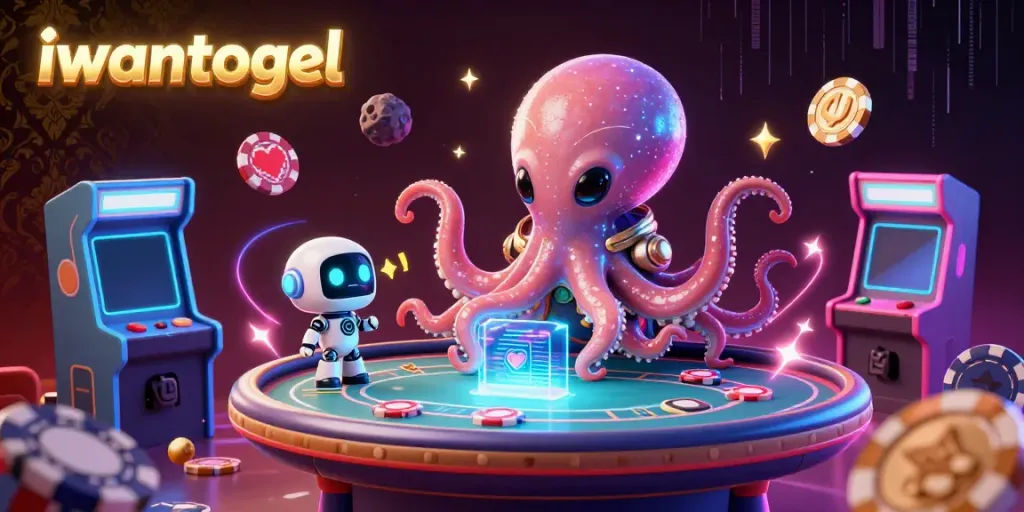 Engage with the iwantogel alien octopus at a holographic poker table in a dazzling, vibrant casino scene.