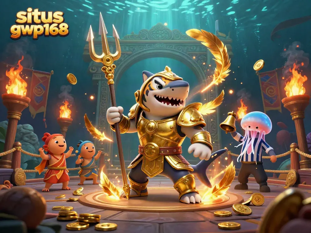 Gambarkan situs gwp168 dengan hiu kartun menyerang di arena bawah laut dengan elemen kasino.