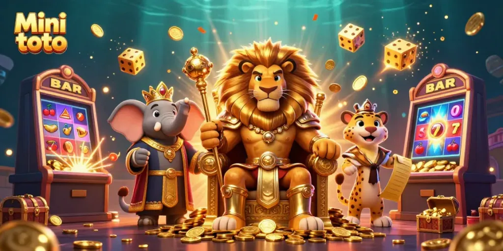 Gambarkan Mini toto dengan singa rajawali di tahta koin emas dan simbol slot berkelap-kelap.