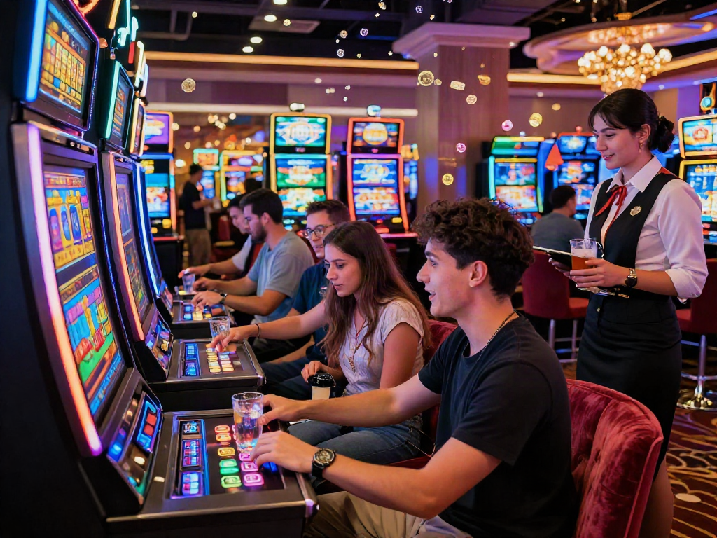 Friends joyfully playing slot88 game in a vibrant casino.