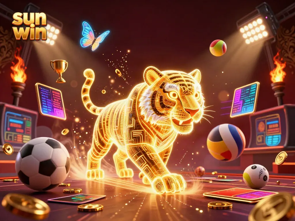 Experience the thrill of winning at sun win with an ultra-detailed 3D casino illustration of a neon tiger and dynamic game elements.