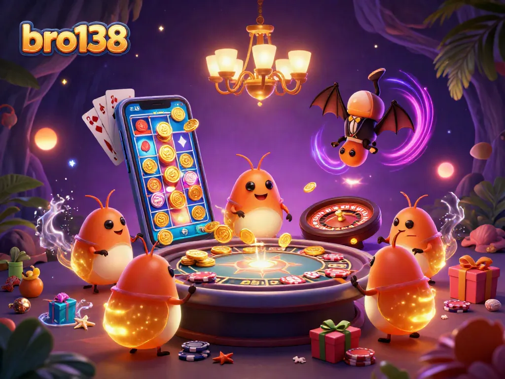 Experience vibrant gaming with bro138, featuring a bioluminescent glowworm team in a lively casino scene.