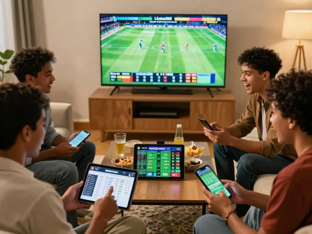 Friends enjoying sports betting on lotus365 while watching live cricket and football matches