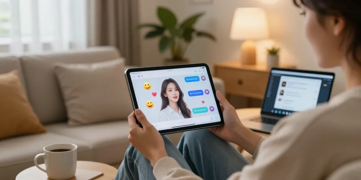 Engaging chat with an AI gf in a cozy living room setting.