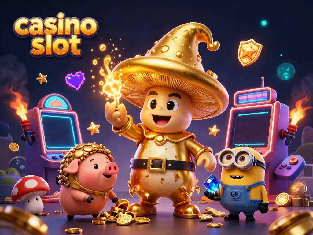 Engage with vibrant casino slot action featuring a golden wizard, treasure pig, and playful gaming elements.