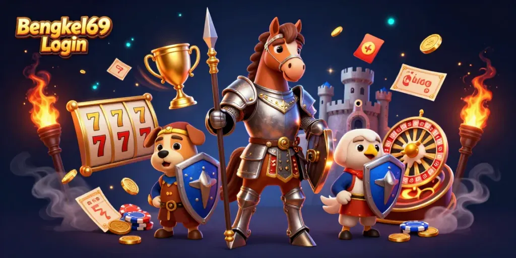 Bengkel69 Login brings you an immersive, action-packed scene showcasing a knight alongside a puppy and falcon amidst dynamic casino elements like slot reels and trophies.