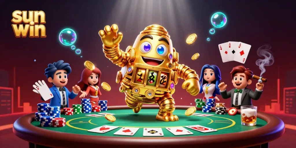 Experience thrilling gameplay with sun win's vibrant casino action featuring a golden golem and poker elements.
